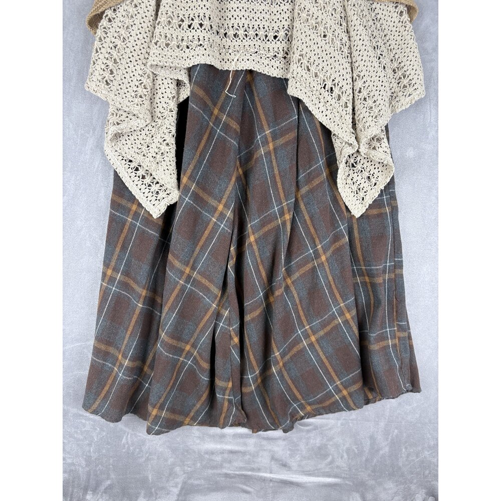 Bohemian Maxi Skirt with Crochet Overlay - Brown Plaid - Picture 6 of 9